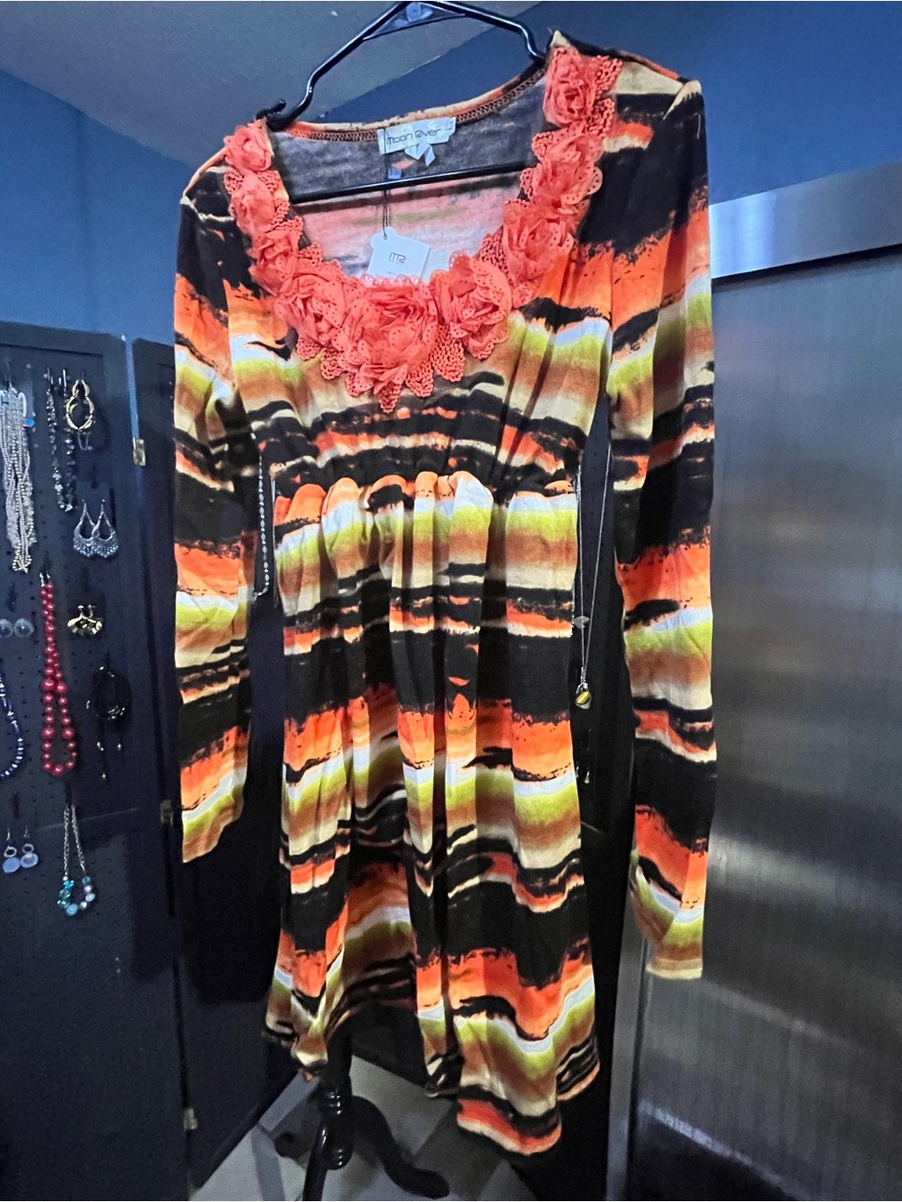 Moon River Orange Black Yellow Striped Long-Sleeve Dress with Coral Lace